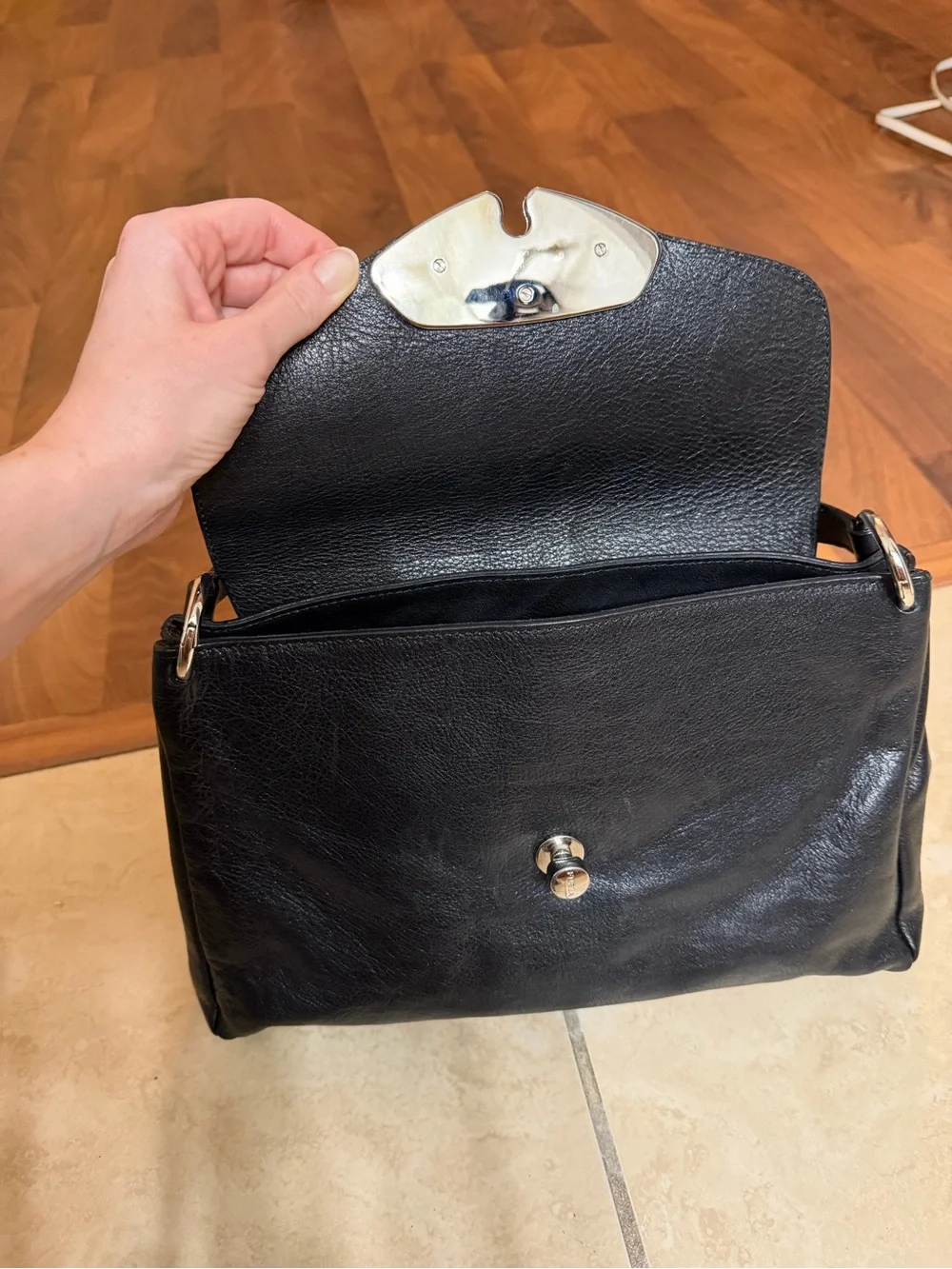 Furla Black Leather Shoulder Bag with Silver Hardware